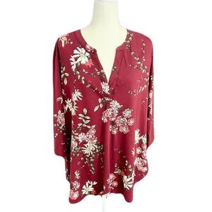 Women's Burgundy Floral 3/4 Sleeves Tunic Blouse V Neck Henley Shirt